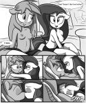  anthro areola bedroom bedroom_eyes big_breasts blush breast_size_difference breasts clothed clothing comic dialogue duo english_text equine erect_nipples eyes_closed female female/female greyscale hair half-closed_eyes hi_res horse killryde kissing lust_from_afar mammal monochrome my_little_pony navel nipples pillow pony seductive small_breasts text topless 
