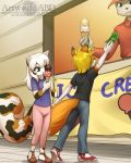  abluedeer anthro black_nose blonde_hair calico_cat canine cat clothed clothing dessert feline food fox fur hair ice_cream kit_hawking mammal orange_fur pink_nose selene_blackcat white_hair young 