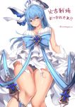  bangs bare_shoulders black_panties blue_bow blue_eyes blue_hair blue_ribbon bow breasts cleavage commentary_request crossed_bangs dress frilled_dress frills gloves granblue_fantasy hair_between_eyes hair_ornament jewelry large_breasts long_hair looking_at_viewer panties pantyshot ribbon shiny shiny_skin short_dress simple_background sleeveless sleeveless_dress smile solo standing suzuame_yatsumi therese_(granblue_fantasy) thighs underwear white_background white_dress white_gloves 