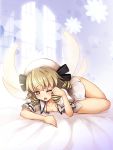  ;o arm_support bangs bare_legs bed_sheet black_ribbon blonde_hair breasts chima_q drill_hair eyebrows_visible_through_hair fairy_wings full_body hat hat_ribbon highres indoors luna_child lying no_pants one_eye_closed open_clothes open_shirt red_eyes ribbon shirt short_sleeves small_breasts solo touhou white_hat white_shirt window wings 