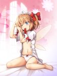  ;) bangs bare_legs barefoot bed_sheet blue_eyes bow bow_panties chima_q dress_shirt eyebrows_visible_through_hair fairy_wings feet full_body hair_bow hands_up highres indoors mouth_hold navel one_eye_closed open_clothes open_shirt orange_hair panties puffy_short_sleeves puffy_sleeves red_bow shiny shiny_hair shirt short_sleeves sitting smile solo stomach sunny_milk touhou tying_hair unbuttoned unbuttoned_shirt underwear wariza white_panties white_shirt window wings 