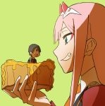  1girl black_hair bread commentary_request couple darling_in_the_franxx food green_eyes highres hiro_(darling_in_the_franxx) holding holding_food horns in_food long_hair looking_at_another military military_uniform miniboy necktie nonomiya_nonon oni_horns orange_neckwear pink_hair red_horns sweat uniform zero_two_(darling_in_the_franxx) 