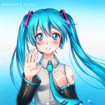  bangs bare_shoulders blue_background blue_eyes blue_hair blue_neckwear blush burbur crying crying_with_eyes_open detached_sleeves floating_hair gradient gradient_background grey_shirt hair_ornament hand_on_own_chest hand_up hatsune_miku headset light_particles long_hair long_sleeves looking_at_viewer necktie number_tattoo parted_lips patreon_username shirt shoulder_tattoo solo tareme tattoo tears teeth twintails very_long_hair vocaloid 
