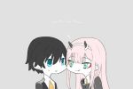  1girl black_hair blue_eyes commentary_request copyright_name darling_in_the_franxx face-to-face green_eyes heart hiro_(darling_in_the_franxx) horns lips long_hair looking_at_another military military_uniform necktie oni_horns pink_hair sui_0427 sweatdrop uniform wide_face zero_two_(darling_in_the_franxx) 