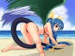  all_fours ass asymmetrical_wings barefoot beach bikini blue_hair blush bow breasts day dizzy feet guilty_gear hair_ribbon large_breasts long_hair ocean open_mouth outdoors red_eyes ribbon shadow sideboob solo swimsuit tail tail_ribbon water wings wiz_(shadow) 