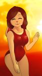  anthro buffbumblebee_(artist) clothing eyes_closed female fur hi_res lagomorph mammal one-piece_swimsuit pink_fur rabbit smile sun sunset swimsuit tight_clothing 