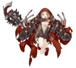  :o belt brown_hair cloak frills full_body holding holding_weapon hood ji_no little_red_riding_hood_(sinoalice) looking_at_viewer official_art open_mouth orange_eyes sinoalice solo weapon white_background 