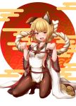  :3 :d animal_ears bangs bare_shoulders black_legwear blonde_hair blush braid breasts choker commentary_request detached_sleeves dog_ears egasumi erune eyebrows_behind_hair fang full_body granblue_fantasy hair_ornament hair_ribbon highres kneeling looking_at_viewer open_mouth otomix pantyhose paw_pose pelvic_curtain ribbon rope shimenawa short_hair simple_background small_breasts smile solo tied_hair vajra_(granblue_fantasy) wide_sleeves 