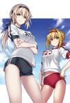  ahoge artoria_pendragon_(all) black_headband black_shorts blonde_hair blue_sky braid breasts buruma cloud crossed_arms day fate/extra fate/grand_order fate/stay_night fate_(series) french_braid green_eyes gym_shorts gym_uniform hair_intakes headband hips kodama_yuu large_breasts looking_at_viewer medium_breasts multiple_girls name_tag navel nero_claudius_(fate) nero_claudius_(fate)_(all) olympian_bloomers pale_skin ponytail red_buruma red_headband saber_alter shirt short_shorts short_sleeves shorts sky smile t-shirt thighs 