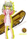  absurdres anchovy bangs blunt_bangs brown_eyes carro_veloce_cv-33 character_name dress drill_hair eyebrows_visible_through_hair girls_und_panzer green_hair ground_vehicle hair_between_eyes hair_ribbon hat highres holding long_hair military military_vehicle motor_vehicle nurse official_art ribbon short_dress solo stethoscope tank twin_drills twintails white_dress white_hat white_ribbon 