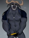  2018 better_version_at_source bgn bovine buffalo bulge chief_bogo clothing disney eyewear horn jewelry looking_at_viewer male mammal muscularmuscular_male necklace penis penis_base police seductive smile solo sunglasses underwear undressing zootopia 