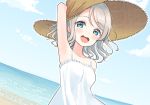  :d arm_behind_back arm_up armpits beach blue_eyes blush brown_hat cloud cloudy_sky day deadnooodles dress eyebrows_visible_through_hair grey_hair hat looking_at_viewer love_live! love_live!_sunshine!! medium_hair ocean open_mouth round_teeth sky smile solo spaghetti_strap straw_hat sun_hat sundress teeth watanabe_you wavy_hair white_dress 