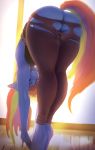  2018 anthro butt clothed clothing equine female friendship_is_magic hair looking_at_viewer maarthul mammal multicolored_hair multicolored_tail my_little_pony rainbow_dash_(mlp) solo torn_clothing yoga yoga_pants 