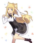  absurdres animal_ears bangs blonde_hair blue_eyes blush cat_ears cat_tail dress highres long_hair looking_at_viewer normaland open_mouth paw_pose princess_(princess_principal) princess_principal school_uniform smile solo tail 