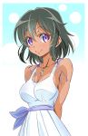  arms_behind_back bare_shoulders black_hair blush breasts cleavage collarbone commentary dark_skin dress eyebrows_visible_through_hair idolmaster idolmaster_cinderella_girls jewelry looking_at_viewer medium_breasts natalia_(idolmaster) necklace ngv3553 purple_eyes ribbon short_hair smile solo upper_body white_dress 
