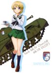  absurdres bangs black_neckwear blonde_hair blue_eyes blue_legwear braid brown_footwear character_name churchill_(tank) collarbone cup darjeeling eyebrows_visible_through_hair full_body girls_und_panzer ground_vehicle hair_between_eyes highres holding kneehighs loafers military military_vehicle miniskirt motor_vehicle neckerchief official_art ooarai_school_uniform pleated_skirt saucer school_uniform serafuku shirt shoes short_hair skirt smile solo standing swept_bangs tank teacup thighs tied_hair uniform white_background white_shirt 