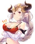  aliza_(granblue_fantasy) arm_wrap armband bare_shoulders blush braid breasts cleavage collarbone commentary crossed_arms draph granblue_fantasy hair_pulled_back headpiece highres horns large_breasts long_hair looking_at_viewer navel pointy_ears ponytail red_eyes silver_hair simple_background smile solo strap_gap tomo_(user_hes4085) upper_body white_background 