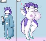 &lt;3 3_heads abstract_background anthro beckoning big_breasts blue_eyes book breasts canine cerberus clothing dog female footwear fur high_heels huge_breasts husky hyper hyper_breasts looking_at_viewer mammal multi_head nipples purple_fur pussy shoes solo starit transformation 