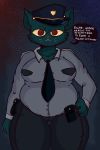  aunt_mall_cop_(nitw) cat clothing dialogue feline female hand_on_hip hat holster mammal molly_(nitw) necktie night_in_the_woods police_officer police_uniform red_eyes salamikii simple_background slightly_chubby tight_clothing uniform 