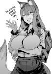 1girl absurdres animal_ears breast_hold breasts fate/extra fate/grand_order fate_(series) fox_ears fox_tail greyscale grin hair_between_eyes hard_translated highres large_breasts long_hair looking_at_viewer monochrome oosawara_sadao skirt smile solo suzuka_gozen suzuka_gozen_(fate) tail translated 