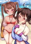  :o ahoge arm_under_breasts azur_lane bangs beach bikini black_hair blurry breast_hold breasts brown_hair choker cleavage day depth_of_field eyebrows_visible_through_hair fur_trim gloves hair_rings halterneck hand_on_own_chest highres looking_at_viewer medium_breasts multiple_girls navel ning_hai_(azur_lane) off_shoulder outdoors ping_hai_(azur_lane) purple_bikini purple_gloves red_bikini red_eyes side-tie_bikini skindentation small_breasts sparkle strap_pull sunege_(hp0715) swimsuit thigh_gap 