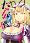  absurdres bangs blonde_hair breasts can cleavage closed_mouth commentary_request cover cover_page crossover dagashi_kashi doujin_cover eyebrows_visible_through_hair gloves hand_up hat hat_ribbon highres holding holding_can large_breasts long_hair looking_at_viewer mob_cap neck_ribbon product_placement purple_eyes red_ribbon ribbon solo taishi_(moriverine) touhou translation_request upper_body white_gloves white_hat yakumo_yukari 