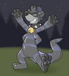  anthro bell blank_crotch blueballs cat collar curlycoon feline fusion living_inanimate living_rubber male mammal merging multi_arm multi_limb night nullo paws plantigrade procyonid raccoon rubber star transformation 