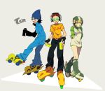  1girl beat_(jsr) blonde_hair breasts commentary_request dress gloves goggles gum_(jsr) headphones helmet home_(houmei) inline_skates jet_set_radio multiple_boys roller_skates sega short_hair skates smile spray_can spray_paint striped tab_(jsr) 