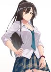  ass_visible_through_thighs bangs black_hair blush breast_pocket breasts cleavage collarbone eyebrows_visible_through_hair hand_on_hip highres idolmaster idolmaster_shiny_colors large_breasts long_hair looking_at_viewer necktie pocket ponytail school_uniform shirase_sakuya shirt shunichi skirt solo yellow_eyes 