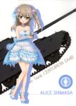  absurdres back_bow bangs blue_bow blue_flower blue_ribbon boko_(girls_und_panzer) bow breasts brown_eyes brown_hair centurion_(tank) character_name collarbone dress eyebrows_visible_through_hair flower frilled_dress frills full_body girls_und_panzer ground_vehicle hair_between_eyes hair_flower hair_ornament hair_ribbon highres jewelry layered_dress long_hair military military_vehicle motor_vehicle necklace official_art pink_flower pumps ribbon shimada_arisu side_ponytail sleeveless sleeveless_dress small_breasts solo standing strapless strapless_dress tank white_background white_dress white_flower 