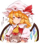  ascot bad_id bad_pixiv_id blonde_hair blush closed_mouth commentary_request flandre_scarlet hat labeam pout red_eyes short_hair side_ponytail simple_background sketch solo stuffed_animal stuffed_toy teddy_bear touhou translation_request upper_body white_background wings yellow_neckwear 