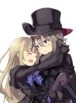  ange_(princess_principal) arms_around_neck black_hat blonde_hair blue_eyes blue_neckwear blue_skirt blush braid breasts carrying closed_eyes grey_hair hat highres long_hair looking_at_viewer multiple_girls normaland open_mouth princess_(princess_principal) princess_carry princess_principal short_hair skirt smile 