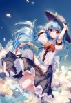 above_clouds artist_name bad_id bad_pixiv_id black_skirt blouse blue_hair blue_sky bow dated day eyebrows_visible_through_hair flat_chest flying food fruit hair_between_eyes hair_blowing hand_on_headwear hat highres hinanawi_tenshi leaf legs_up light_smile ling_mou long_hair looking_at_viewer outdoors peach petals petticoat puffy_short_sleeves puffy_sleeves red_bow red_eyes short_sleeves skirt sky solo touhou very_long_hair white_blouse wind 