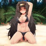  arm_behind_head arm_up armpits ass_visible_through_thighs barefoot beach bikini black_bikini black_hair blush breasts bush collarbone commentary daidouji_(senran_kagura) day expressionless eyebrows_visible_through_hair eyes_visible_through_hair flower kneeling kuroonehalf large_breasts long_hair looking_at_viewer mole mole_under_eye navel outdoors plant red_eyes sand senran_kagura senran_kagura_shoujo-tachi_no_shin'ei solo stomach swimsuit very_long_hair visor_cap 