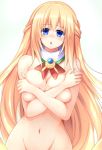  :o blonde_hair blue_eyes blush breasts cleavage covering covering_breasts detached_collar doria_(5073726) groin highres large_breasts long_hair looking_at_viewer navel neptune_(series) nude solo vert very_long_hair 