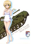  :d absurdres bangs barefoot blonde_hair blue_eyes bow braid breasts casual_one-piece_swimsuit character_name churchill_(tank) cleavage collarbone cup darjeeling eyebrows_visible_through_hair flower frilled_swimsuit frills girls_und_panzer ground_vehicle hair_between_eyes highres holding jewelry legs looking_at_viewer medium_breasts military military_vehicle motor_vehicle necklace official_art one-piece_swimsuit open_mouth plumeria purple_bow short_hair smile solo swept_bangs swimsuit tank teacup thighs tied_hair white_background white_flower white_swimsuit 