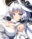  ahoge armlet azur_lane bangs bare_shoulders blue_eyes blunt_bangs blush breasts choker cleavage commentary_request dress elbow_gloves eyebrows_visible_through_hair gloves hair_ornament hair_ribbon hat illustrious_(azur_lane) jewelry lace-trimmed_hat large_breasts long_hair looking_at_viewer low_ponytail mole mole_under_eye non_(nobu) pendant ponytail ribbon sapphire_(stone) sidelocks simple_background smile solo strapless strapless_dress sun_hat tress_ribbon upper_body white_background white_dress white_gloves white_hair 