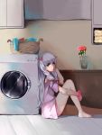  absurdres adrenaline!!! bangs bare_shoulders barefoot blue_eyes bow bracelet breasts chinese_commentary closed_mouth commentary_request eromanga_sensei eyelashes flower from_side hair_bow hair_over_shoulder hand_in_hair hand_up highres indoors izumi_sagiri jewelry knee_up laundry laundry_basket leg_hug long_hair looking_at_viewer looking_to_the_side off-shoulder_shirt on_floor pajamas pink_bow pink_flower pink_shirt shirt short_sleeves sidelocks silver_hair sitting sitting_on_floor small_breasts smile solo vase washing_machine yya 
