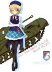  absurdres bare_shoulders beret black_footwear black_legwear black_neckwear blonde_hair blue_eyes blue_hat blue_skirt braid character_name churchill_(tank) collarbone crossed_arms cup darjeeling elbow_gloves emblem flower frilled_skirt frills full_body girls_und_panzer gloves ground_vehicle hat highres holding holding_cup long_hair military military_vehicle miniskirt motor_vehicle necktie official_art one_eye_closed pantyhose pleated_skirt red_flower shirt short_necktie skirt sleeveless sleeveless_shirt solo st._gloriana's_(emblem) standing tank teacup tied_hair white_background white_gloves 