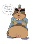  2018 alice_detective_bureau anthro balls belly brown_fur clothing dialogue english_text fur hat inspector_arai male mammal penis police procyonid raccoon shirt simple_background solo talking_to_viewer text white_background 