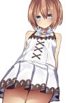  arms_behind_back bare_shoulders blanc blancpig_yryr blue_eyes brown_hair cowboy_shot dress highres looking_at_viewer neptune_(series) short_hair simple_background smile solo spaghetti_strap white_background white_dress 