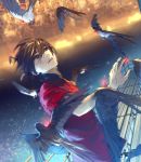  animal bird black_hair blurry blurry_background brown_eyes chinese_clothes city dutch_angle flock highres knite looking_up male_focus night sky solo star_(sky) starry_sky swallow watermark web_address wenqing_yan 