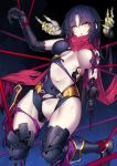  android bdsm black_hair blank_eyes bondage bound broken elbow_gloves fate/grand_order fate_(series) gloves katou_danzou_(fate/grand_order) kodama_yuu long_hair navel parts_exposed robot robot_joints scarf thighhighs torn_clothes 