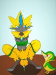  :&lt; ambiguous_gender anthro bdsm blue_eyes bondage bonwolf bound captured cat embarrassed feline frogtied fur hands_behind_back helpless humiliation legs_tied mammal navel nintendo pok&eacute;mon pok&eacute;mon_(species) reptile scalie size_difference snake snivy teeth video_games vines yellow_fur zeraora 