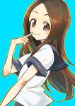  bad_id bad_pixiv_id bangs bare_arms blue_background blue_sailor_collar brown_eyes brown_hair closed_mouth eyebrows eyebrows_visible_through_hair finger_to_face fingernails from_side index_finger_raised karakai_jouzu_no_takagi-san long_hair looking_at_viewer mushiki_k outline parted_bangs raised_eyebrows sailor_collar school_uniform serafuku shirt simple_background smile solo straight_hair takagi-san white_shirt yellow_outline 