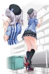  :d ass black_hat black_legwear black_skirt blue_shirt blush convenience_store employee_uniform facing_away foreshortening from_behind grey_hair hat heart high_heels highres holding indoors kantai_collection kashima_(kantai_collection) kneehighs kneepits multiple_views musical_note nironiro open_mouth pleated_skirt profile shirt shop short_hair short_sleeves skirt smile socks standing store_clerk striped striped_shirt twintails uniform vertical_stripes 