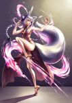  animal_ears braid breasts china_dress chinese_clothes cleavage cleavage_cutout double_bun dress eyebrows_visible_through_hair fighting_stance fox_ears fox_tail gradient gradient_background hair_tubes highres kazuki_seihou leg_up long_hair looking_to_the_side open_mouth original pelvic_curtain side_slit silver_hair simple_background sleeveless small_breasts solo standing standing_on_one_leg tail twin_braids twintails yellow_eyes 
