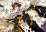  bangs black_legwear blurry blurry_background breasts brown_hair cleavage commentary_request depth_of_field dutch_angle feathers feet_out_of_frame highres itsumade_(onmyoji) japanese_clothes kimono large_breasts long_sleeves looking_at_viewer mask mask_on_head obi onmyoji parted_lips pleated_skirt red_eyes red_skirt sash skirt solo thighhighs vardan wide_sleeves wings 