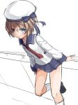  blanc blue_eyes brown_hair hat himajin_(starmine) mouth_hold neptune_(series) pleated_skirt sailor_collar school_uniform serafuku short_hair skirt solo 