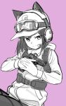  animal_ears baseball_cap closed_mouth commentary ears_through_headwear goggles goggles_on_headwear greyscale gun hat headphones highres holding holding_gun holding_weapon jacket long_sleeves looking_at_viewer monochrome nijisanji pink_background rainbow_six_siege sash shamonabe shizuka_rin short_hair simple_background smile solo trigger_discipline weapon 